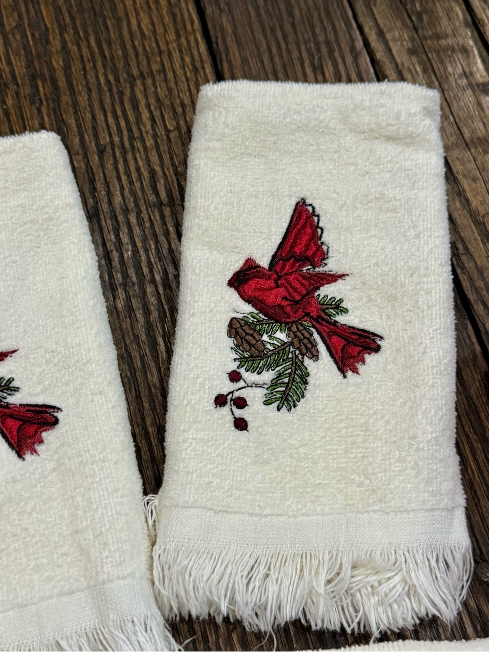 Christmas Cardinal & Bell Embroidered Hand Towels Red & Cream - Set of 5 - Picture 4 of 9